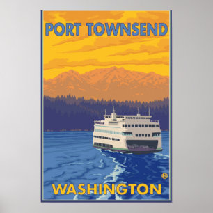 Fähre und Berge - Hafen Townsend, Washington Poster