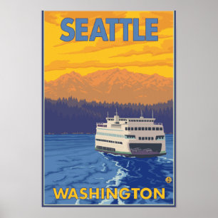 Fähre und Berge - Seattle, Washington Poster