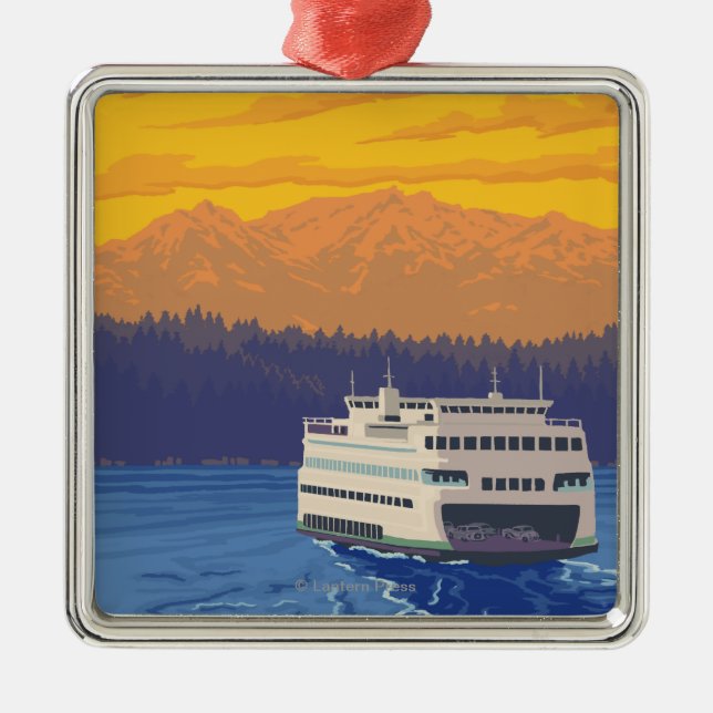 Fähre und Berge - Seattle, Washington Silbernes Ornament (Vorne)