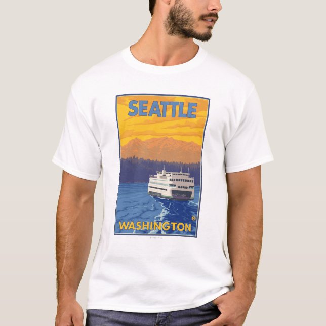 Fähre und Berge - Seattle, Washington T-Shirt (Vorderseite)