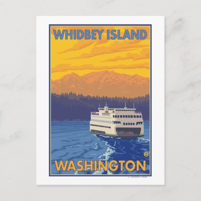 Fähre und Berge - Whidbey Island, Washington Postkarte (Vorderseite)