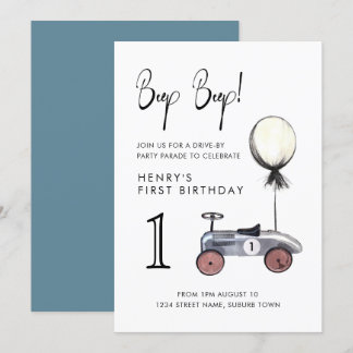 Fahren mit dem 1. Geburtstag Parade Retro Minimale Einladung