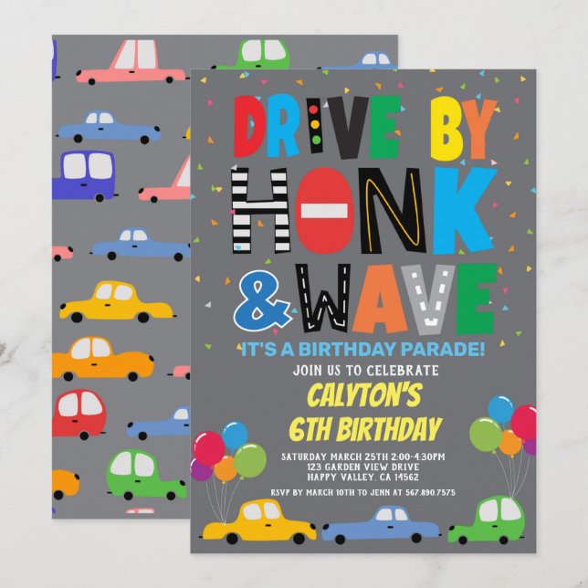 Fahren mit jungen Birthday Parade farbenfrohe Auto Einladung (Vorne/Hinten)