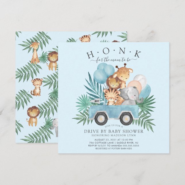 Fahren mit Jungle Animals Boys Baby Dusche Einladung (Vorne/Hinten)