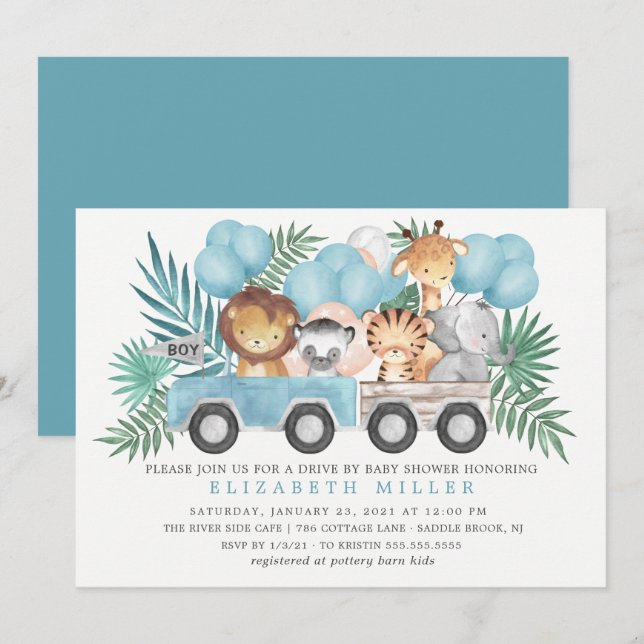 Fahren mit Jungle Animals Boys Baby Dusche Einladung (Vorne/Hinten)