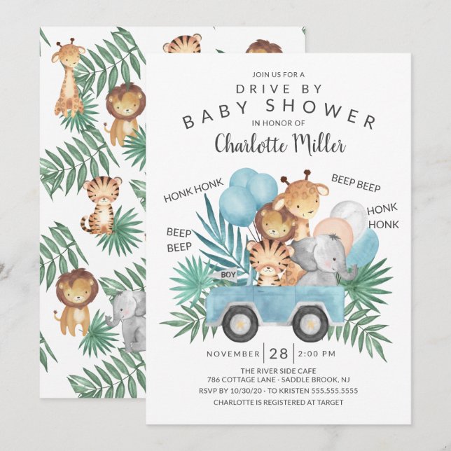 Fahren mit Jungle Animals Boys Baby Dusche Einladung (Vorne/Hinten)