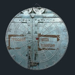 Fahren Sie mit der Vorsicht blau-grauen Industriet Dartscheibe<br><div class="desc">Türkisgraue Metalltür mit Schlössern,  Rädern,  Text und etwas zerrissenem Klebeband. Fotografiert in einem alten Gebäude in Wales,  bearbeitet. Von Alexandra Cook aka Linandara.</div>