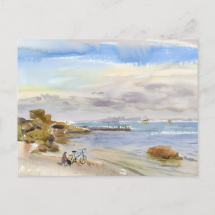 Fahrrad an einem ruhigen Muschelstrand Aquarell Postkarte