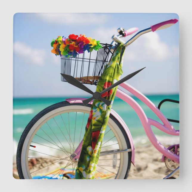 Fahrrad auf dem Strand | Miami, Florida Quadratische Wanduhr (Vorderseite)