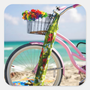 Fahrrad auf dem Strand   Miami, Florida Quadratischer Aufkleber