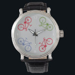 Fahrrad , Fahrrad ; Radfahren Armbanduhr<br><div class="desc">Elegantes Fahrraddesign. Vier Fahrräder im Kreis. Hey Biker! Verspäte dich nie für die Fahrradtour - du kannst sie bearbeiten ("Anpassen"-Taste) und die Hintergrundfarbe ändern</div>