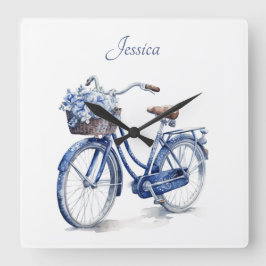 Fahrrad in Delft Blue individuell anpassbar Quadratische Wanduhr