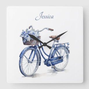 Fahrrad in Delft Blue individuell anpassbar Quadratische Wanduhr