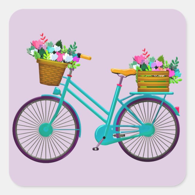 Fahrrad mit Blume im Korbfahrrad Quadratischer Aufkleber (Vorderseite)