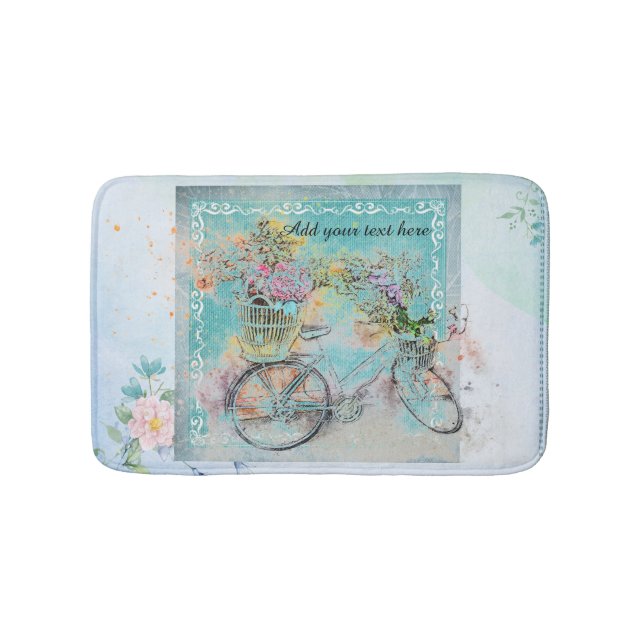Fahrrad mit Blume-Körben auf blauem Schoß Badematte (Vorderseite)