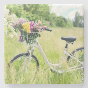 Fahrrad mit Blumenkorb auf der Wiese Steinuntersetzer