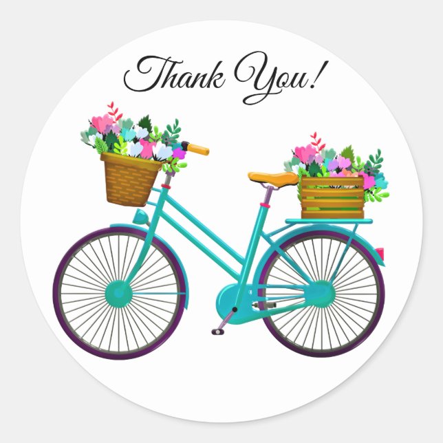 Fahrrad mit Korb von Blume Vielen Dank Runder Aufkleber (Vorderseite)