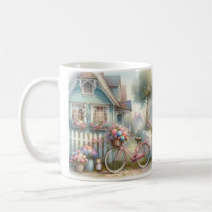 Fahrrad mit rosa Blume am Tor der blauen Kate Kaffeetasse