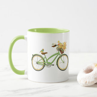 Fahrrad mit Vogel und Blumenkorb Grün Gelb Tasse