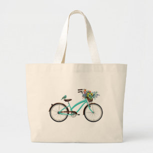 Fahrrad mit Vogel und Blumenkorb Türkisblau Jumbo Stoffbeutel
