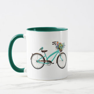 Fahrrad mit Vogel und Blumenkorb Türkisblau Tasse
