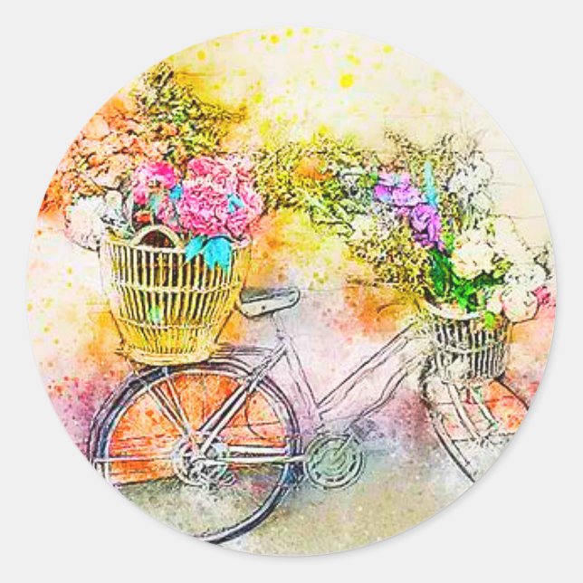Fahrrad und Blume Runder Aufkleber (Vorderseite)