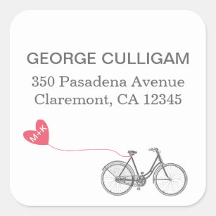 Fahrrad-und Herz Adressen-Etikett - Hochzeitsporto Quadratischer Aufkleber