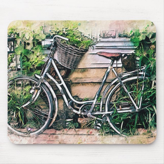 Fahrrad und Korb im Garten Mousepad (Vorne)