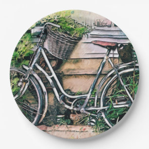 Fahrrad und Korb im Garten Pappteller