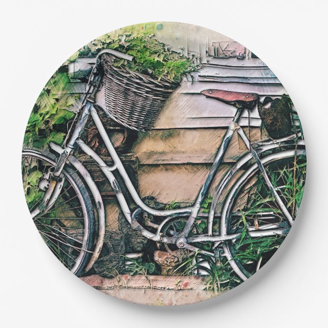 Fahrrad und Korb im Garten Pappteller (Vorderseite)