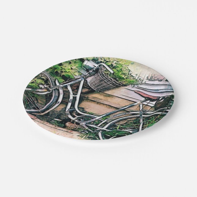 Fahrrad und Korb im Garten Pappteller (Schrägansicht)
