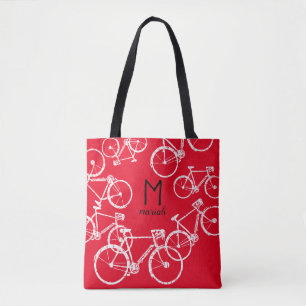Fahrradbeutel . Grafik-weiße Fahrräder auf rot Tasche