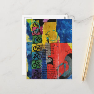 Fahrräder und Lastwagen Mixed-Media-Collage Postkarte