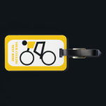 Fahrradfahrer fahren nach seinem Brauch Gepäckanhänger<br><div class="desc">Fahrradfahrer reiten auf seinem Fahrrad individuelle Gepäckmarke mit einer minimalistischen Ikone einer schwarzen Silhouette mit gelbem Oberteil und dem Text auf weißem Hintergrund mit gelbem Rand. .</div>