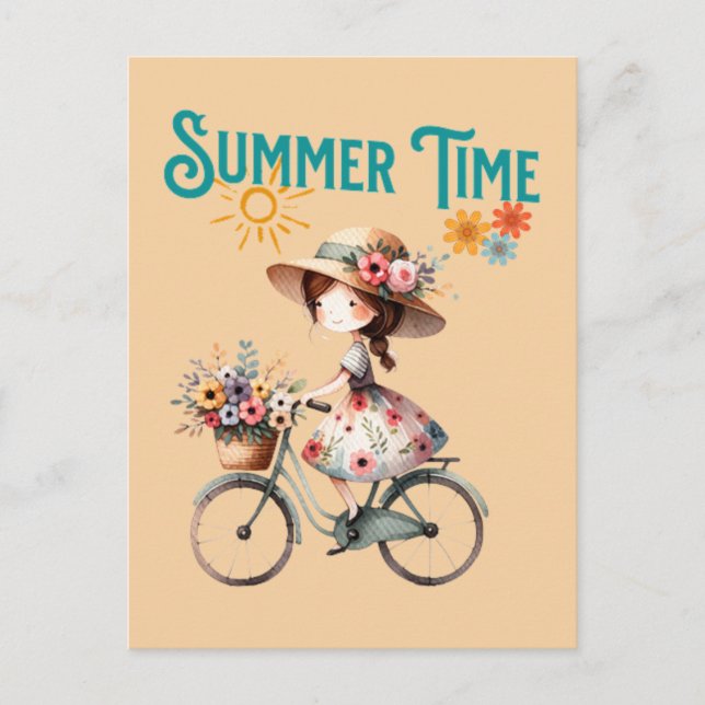 Fahrradmädchen mit Blume Sommer Postkarte (Vorderseite)