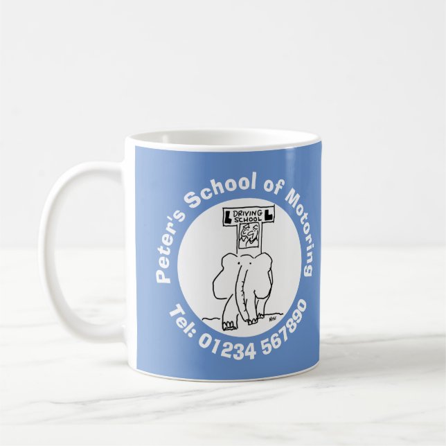 Fahrschul-Cartoon mit Elefant. Kaffeetasse (Links)