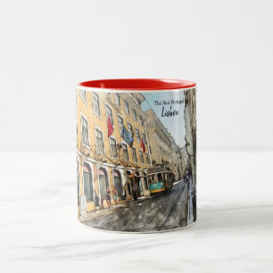Fahrt mit der Straßenbahn in Lissabon Portugal Pos Zweifarbige Tasse