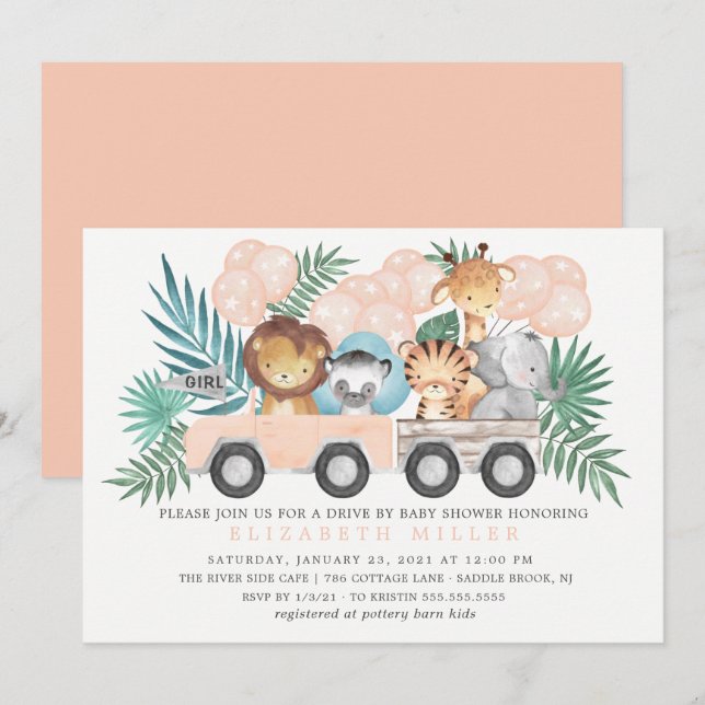 Fahrt von Jungle Animals Girls Babydusche Einladung (Vorne/Hinten)