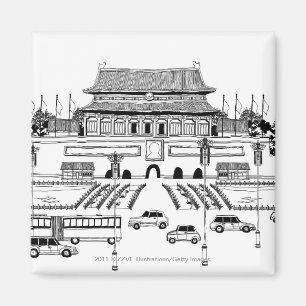 Fahrzeuge auf Straße durch Pagode Magnet