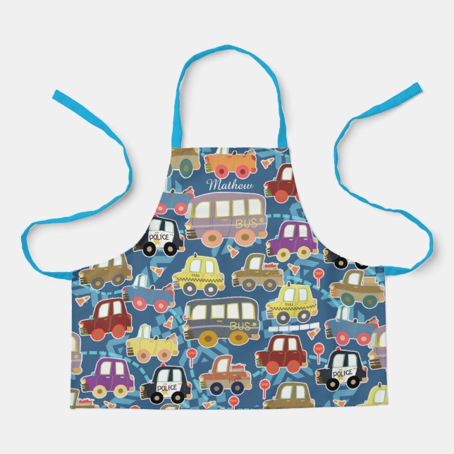 Fahrzeuge Kinder blau. All-Over-Druck Schürze (Vorderseite)