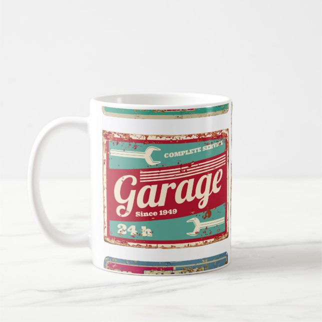 Fahrzeugservice und Tankstelle Vintages Metall  Kaffeetasse (Links)