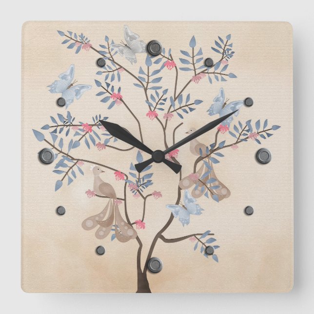 Faible Fantasy Tree Vögel Blume Beige Grunge Rette Quadratische Wanduhr (Vorderseite)