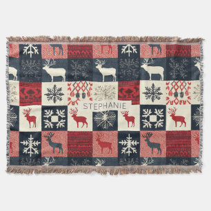 Fair Isle Knitted Patchwork Holiday Reindeer Decke
