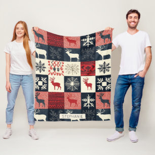 Fair Isle Knitted Patchwork Holiday Reindeer Fleecedecke