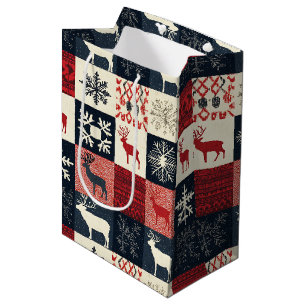 Fair Isle Knitted Patchwork Holiday Reindeer Mittlere Geschenktüte