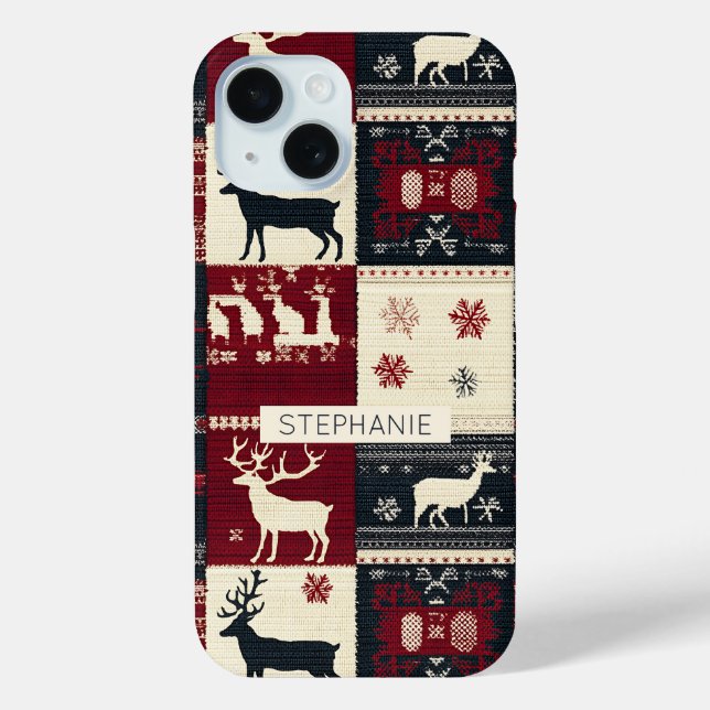 Fair Isle Knitted Patchwork | Rustikaler Rentier Case-Mate iPhone Hülle (Rückseite)