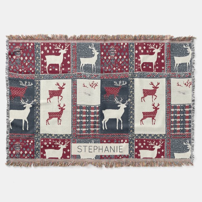 Fair Isle Knitted Patchwork | Rustikaler Rentier ( Decke (Vorderseite)