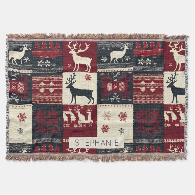Fair Isle Knitted Patchwork | Rustikaler Rentier Decke (Vorderseite)