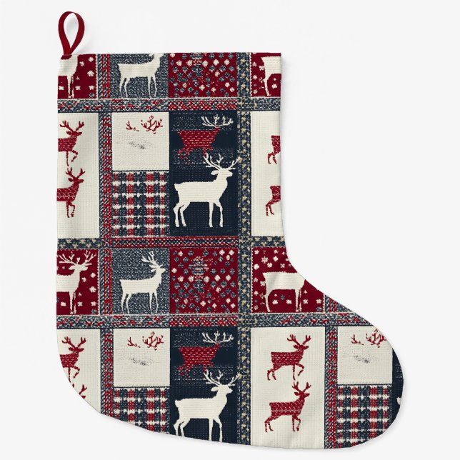 Fair Isle Knitted Patchwork | Rustikaler Rentier ( Großer Weihnachtsstrumpf (Vorderseite)