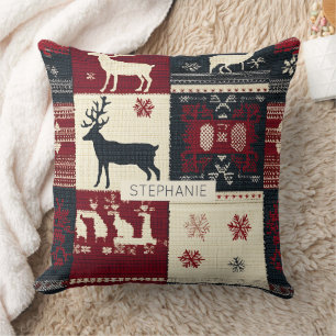 Fair Isle Knitted Patchwork   Rustikaler Rentier Kissen
